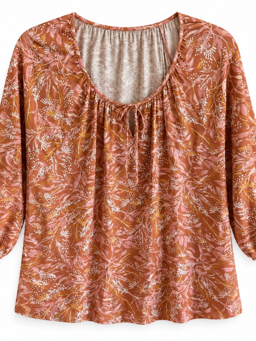 Garnet Hill XL Rust Floral TENCEL Peasant Blouse Tie Neck